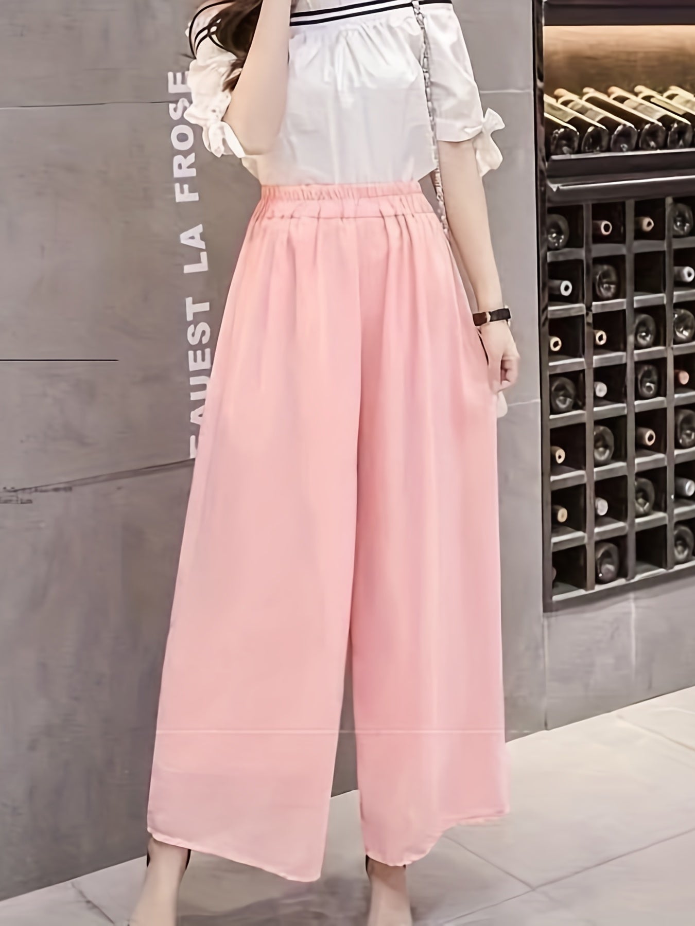 Ruched Wide Leg Pants Elastic Waist Summer Casual Solid
