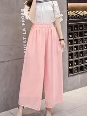 Ruched Wide Leg Pants Elastic Waist Summer Casual Solid