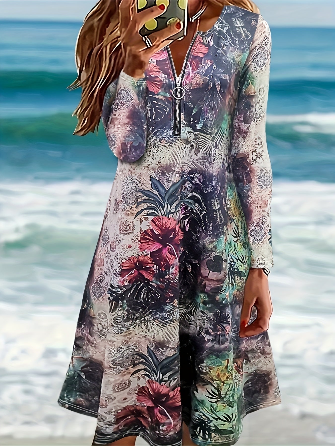 Paisley Print Long Sleeve Half Zipper Boho Dress