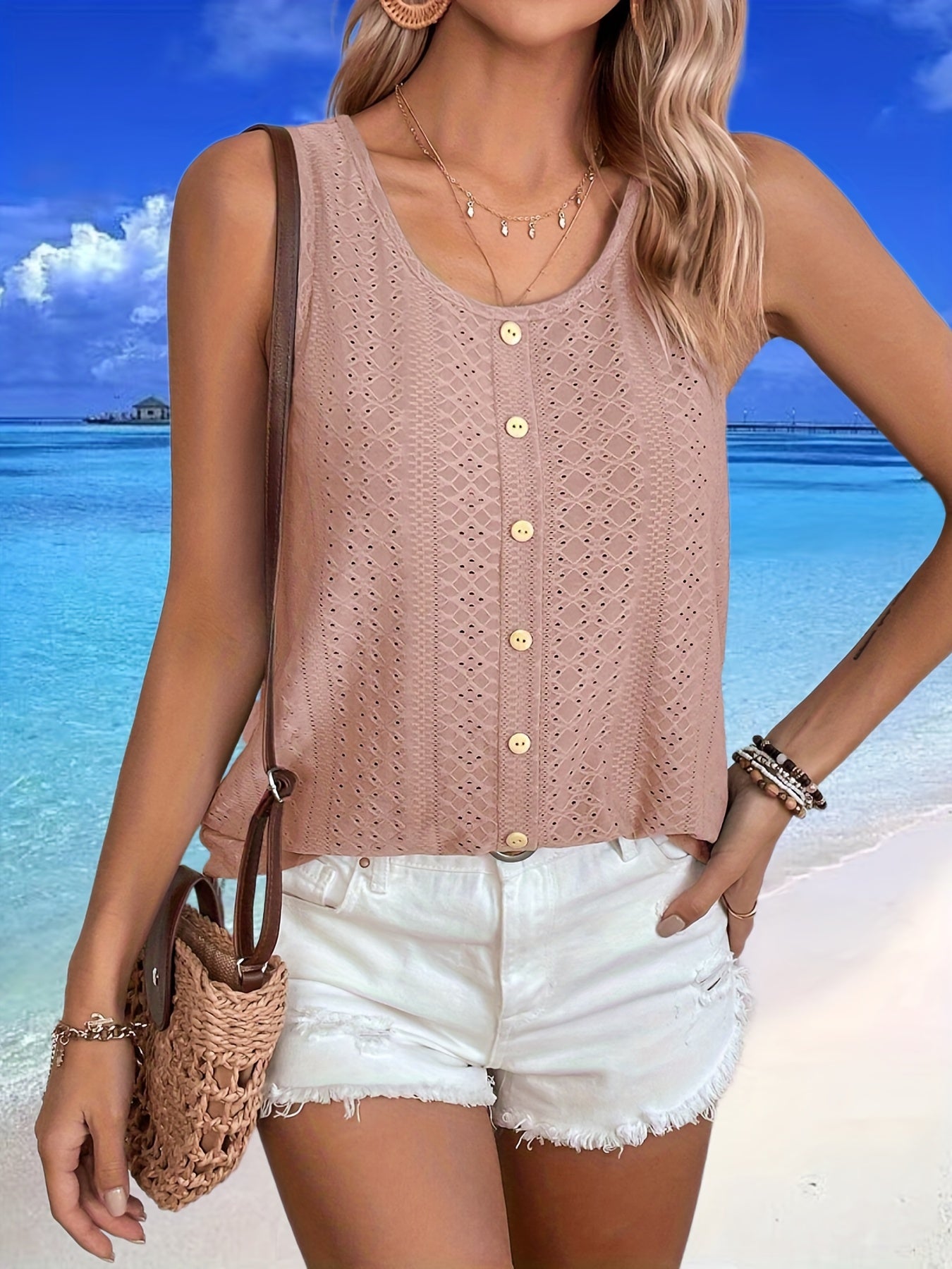Eyelet Tank Top Crew Neck Summer Sleeveless Casual Tank Top