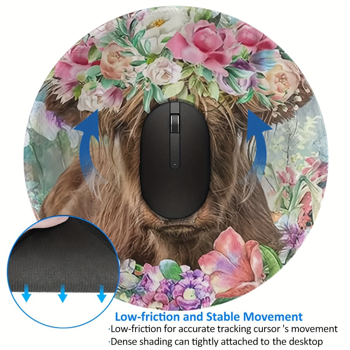 Floral Highland Cow Mouse Pad Round Mouse Mat Non Slip Rubber Base