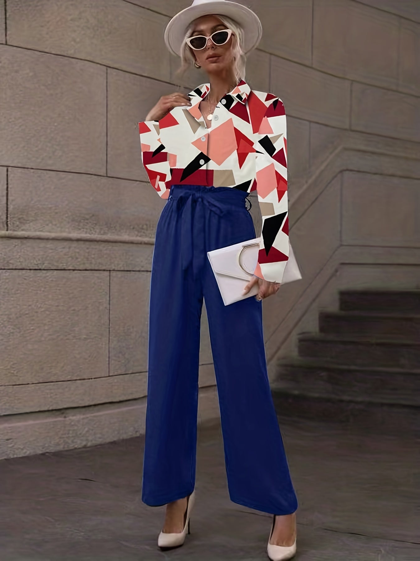 Geo Print Button Shirt & Wide Leg Pants Set