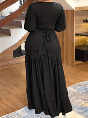 Solid Lantern Sleeve Crop Top & Maxi Skirt Outfits Two Piece Set