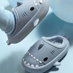 Boy's Shark Plush Lined Slippers, Non Slip Indoor Slides