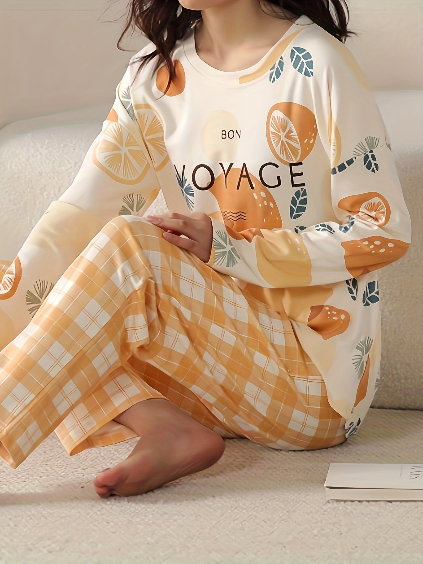 Lemon Print Pajamas Set Short Sleeve Crew Neck Top & Plaid Pants