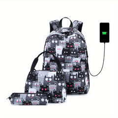 Kids Kitten Backpack with USB Charging Port - 3pc Set