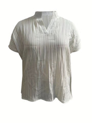 Ribbed Short Sleeve Notched Neck Blouse