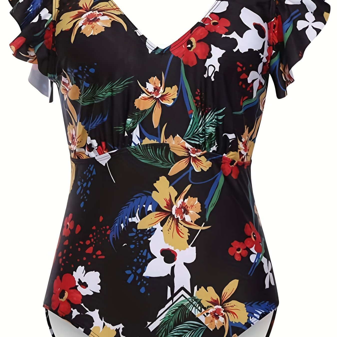 Floral Print Ruffle Sleeves One Piece Swimsuit Deep V Neck