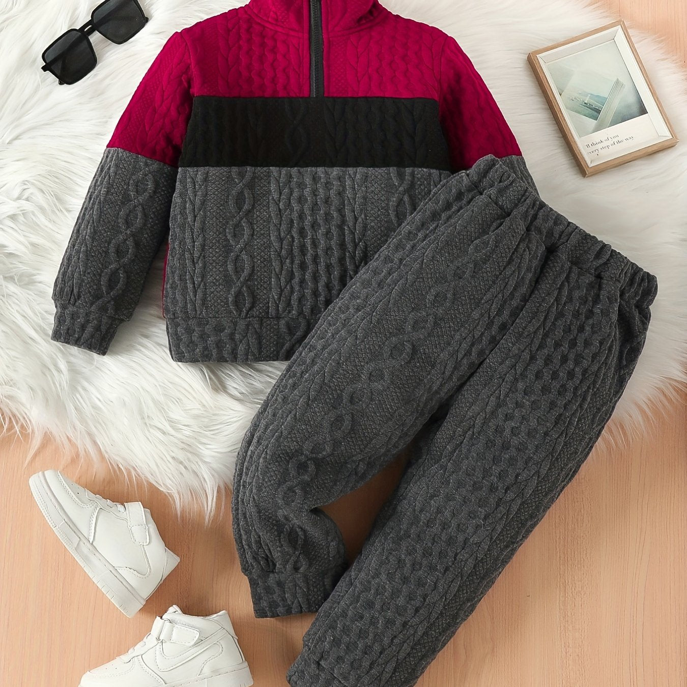 Boys 2 Piece Outfits Block Zip Pullover & Warm Jogger Pants