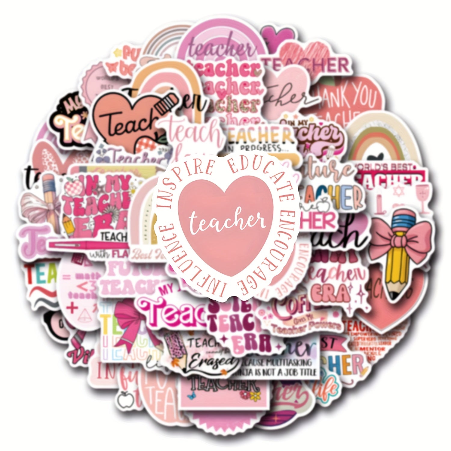 55pcs Pink Teacher Cartoon Stickers Set Vinyl Decals for Phones Laptops Water Bo