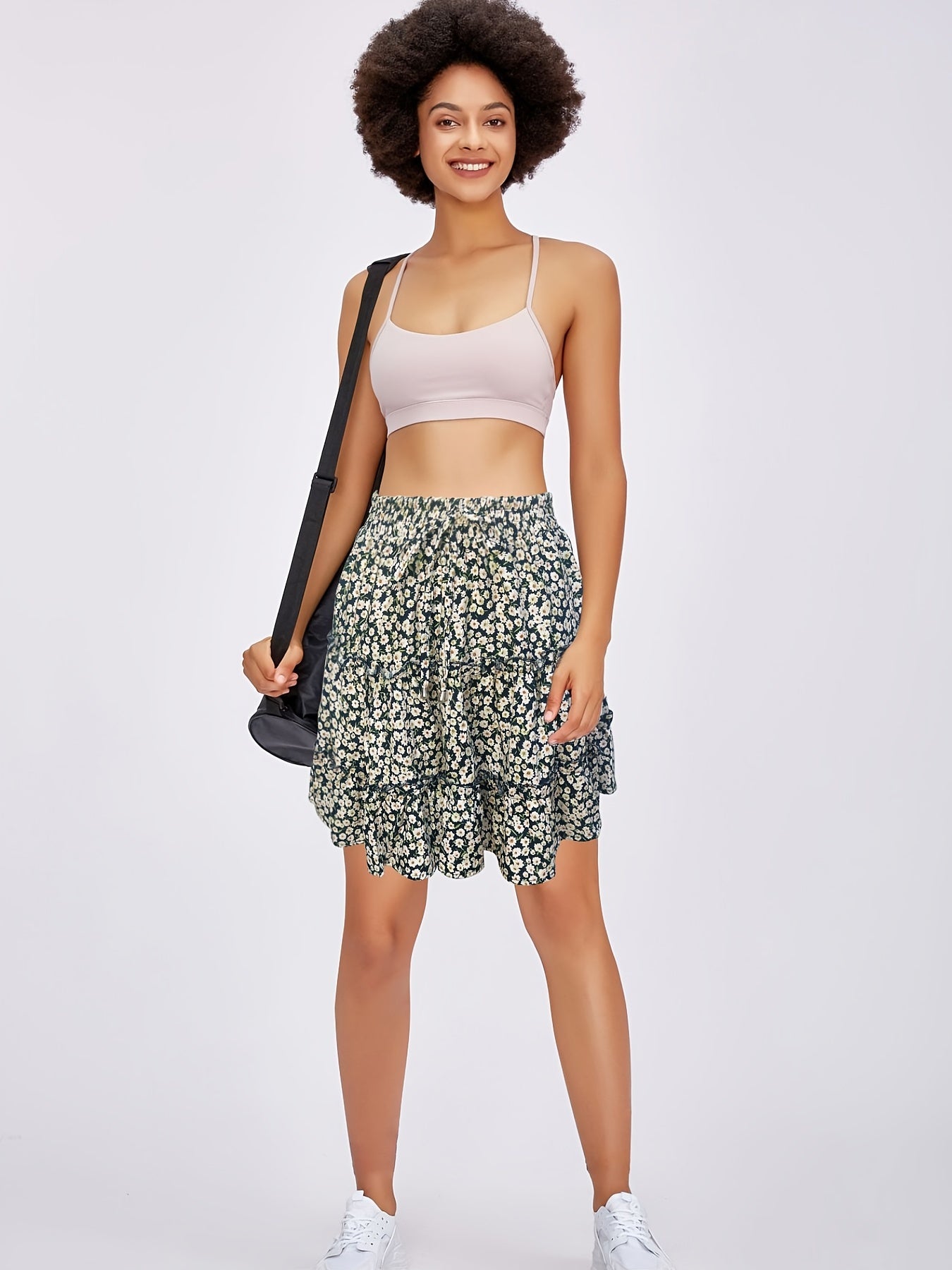 Floral Ruffle Layered Trim Skirt Boho Drawstring Women's Clothing