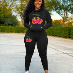 Cherry Print Sweatsuit Set Hoodies & Skinny Pants