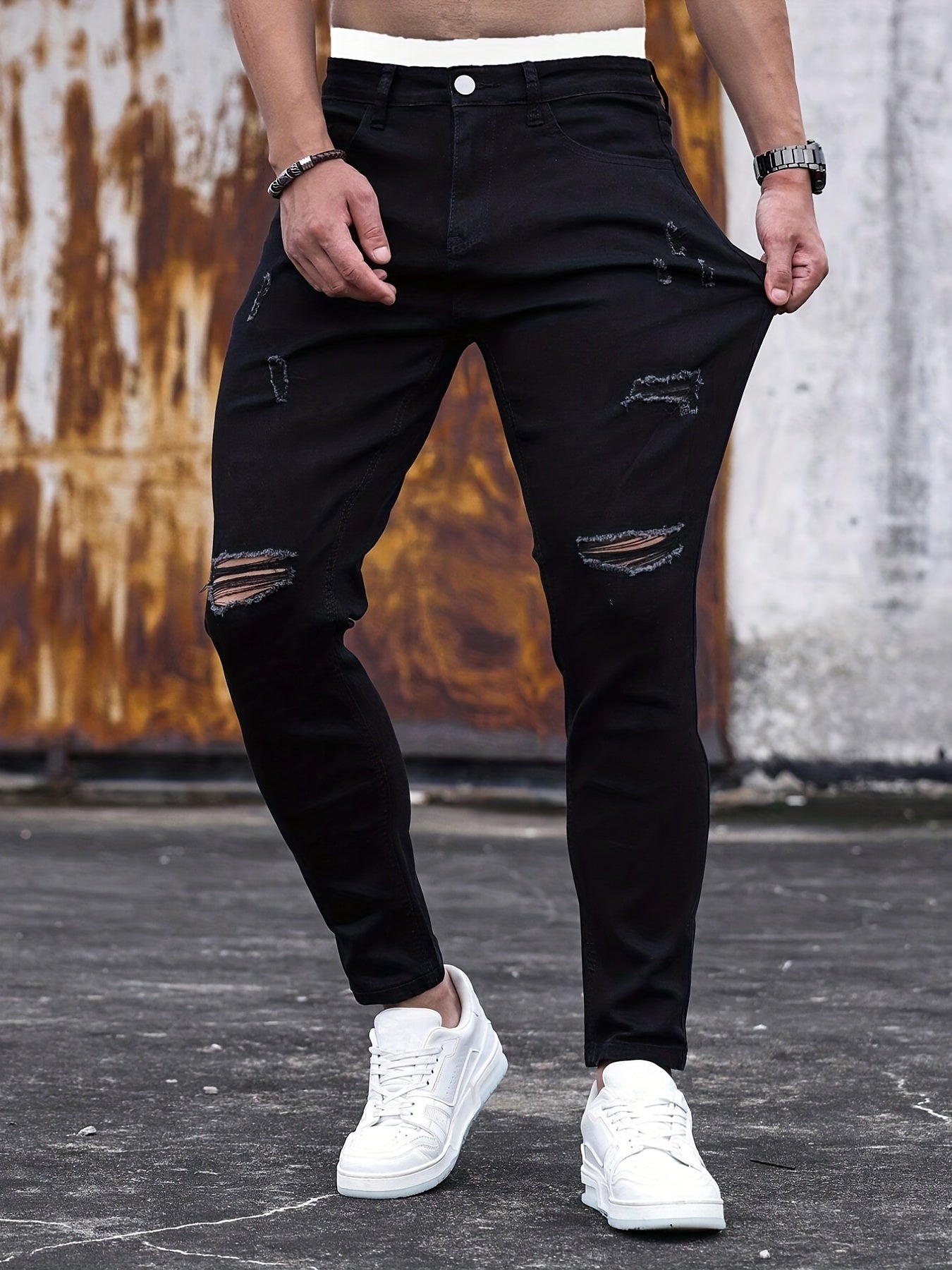 Men's Slim Fit Ripped Jeans Casual Street Style Stretch Denim Pants