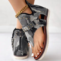 Women's Denim Sandals Back Zipper Open Toe Thong Sandals