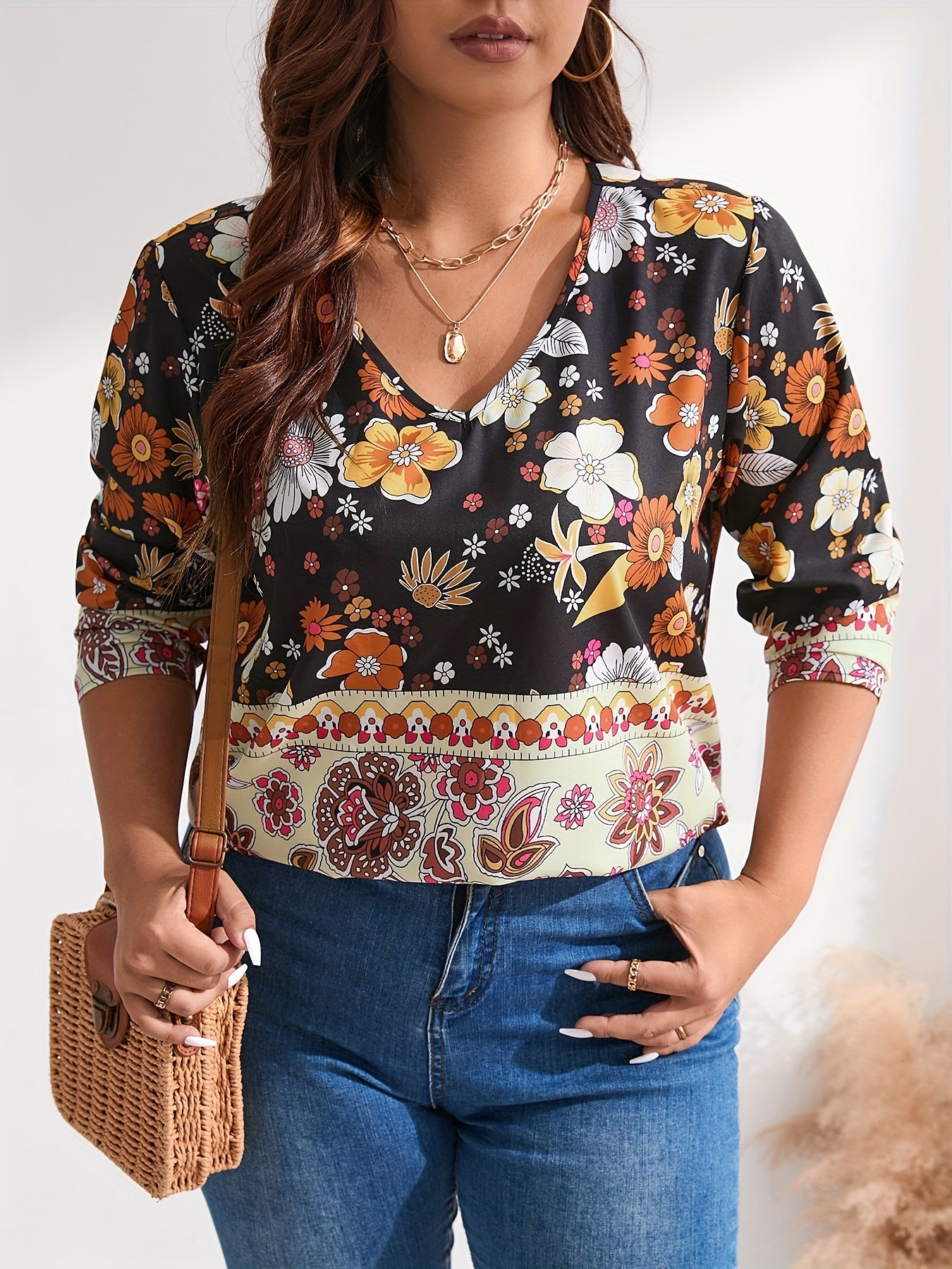 Boho Blouse Patchwork Print Long Sleeve V Neck Shirt Top