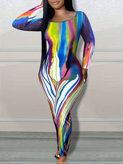 Stripe Print Long Sleeve Casual Jumpsuit