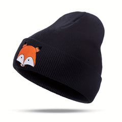 Cartoon Fox Embroidery Beanie Soft Elastic Knit Hat