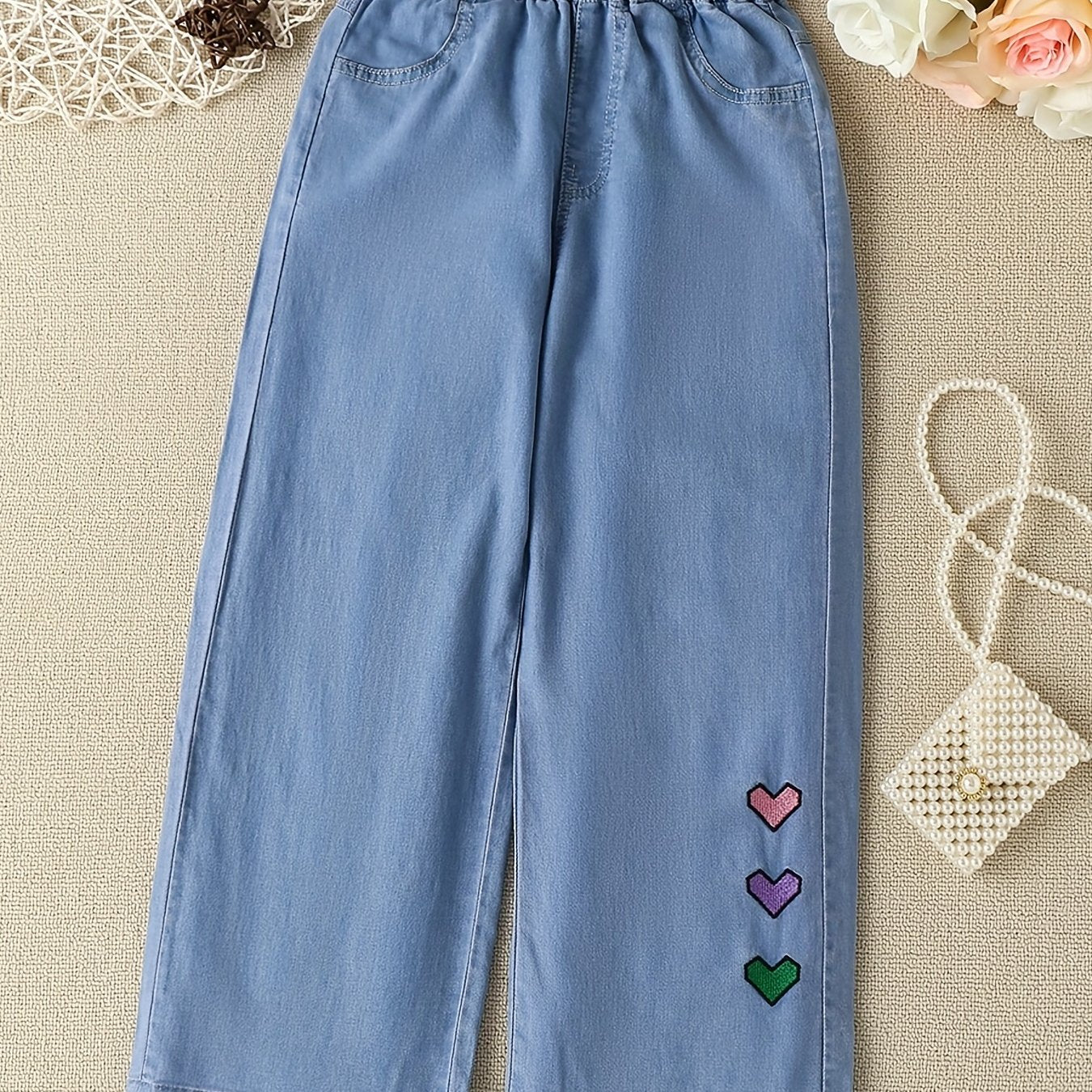 Girls Heart Embroidered Wide Leg Jeans for Spring Summer