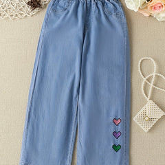 Girls Heart Embroidered Wide Leg Jeans for Spring Summer