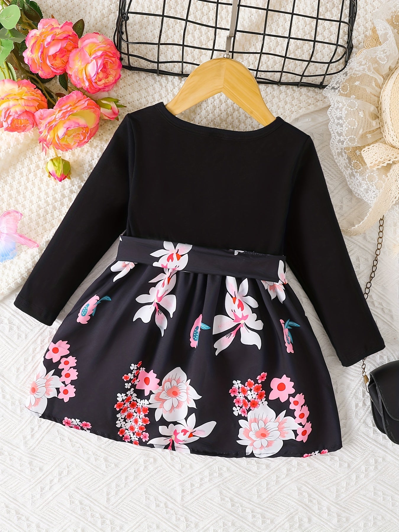 BABY Girls Long Sleeves Dress Flowers Splicing Belted