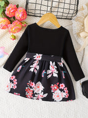 BABY Girls Long Sleeves Dress Flowers Splicing Belted