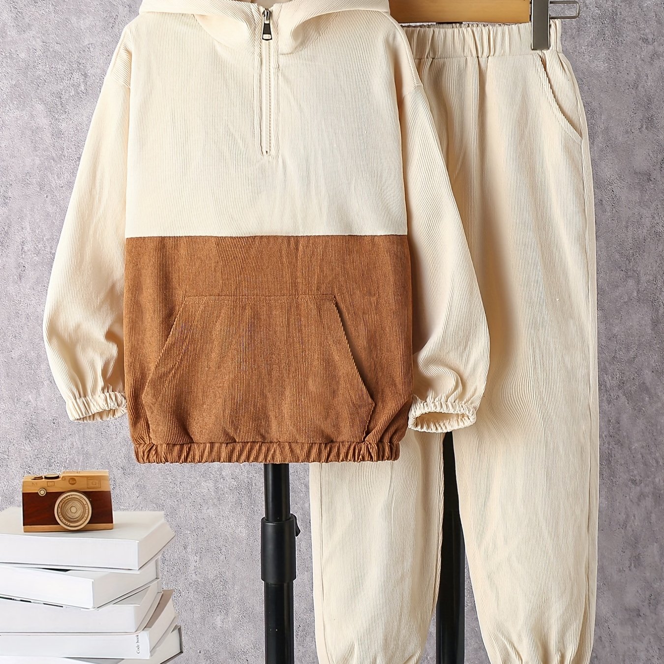 Boy's Corduroy Zipper Hoodie & Sweatpants Set for Spring Fall