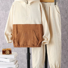 Boy's Corduroy Zipper Hoodie & Sweatpants Set for Spring Fall