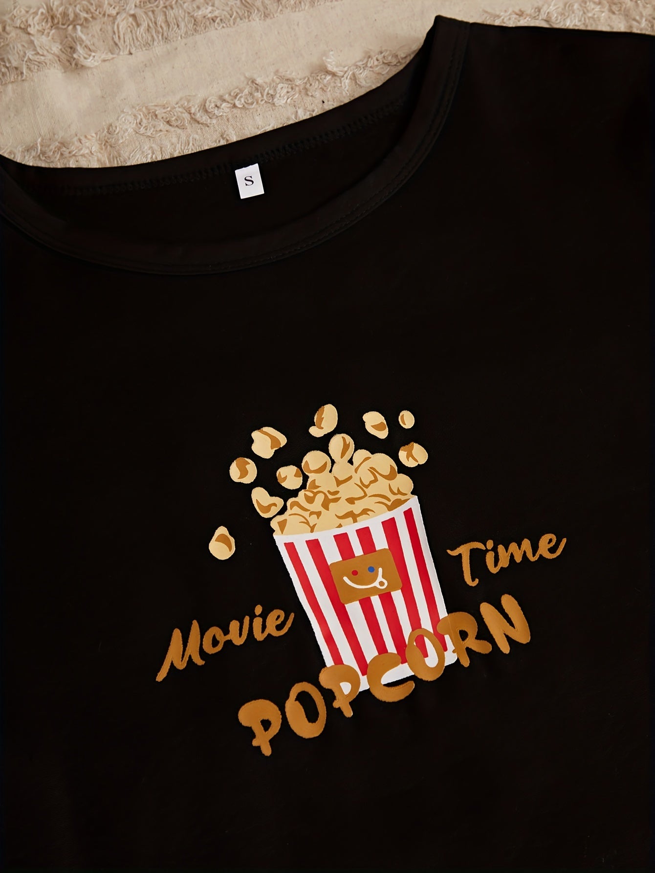 Popcorn Print Pajamas Set Short Sleeve Crew Neck Top & Shorts & Pants