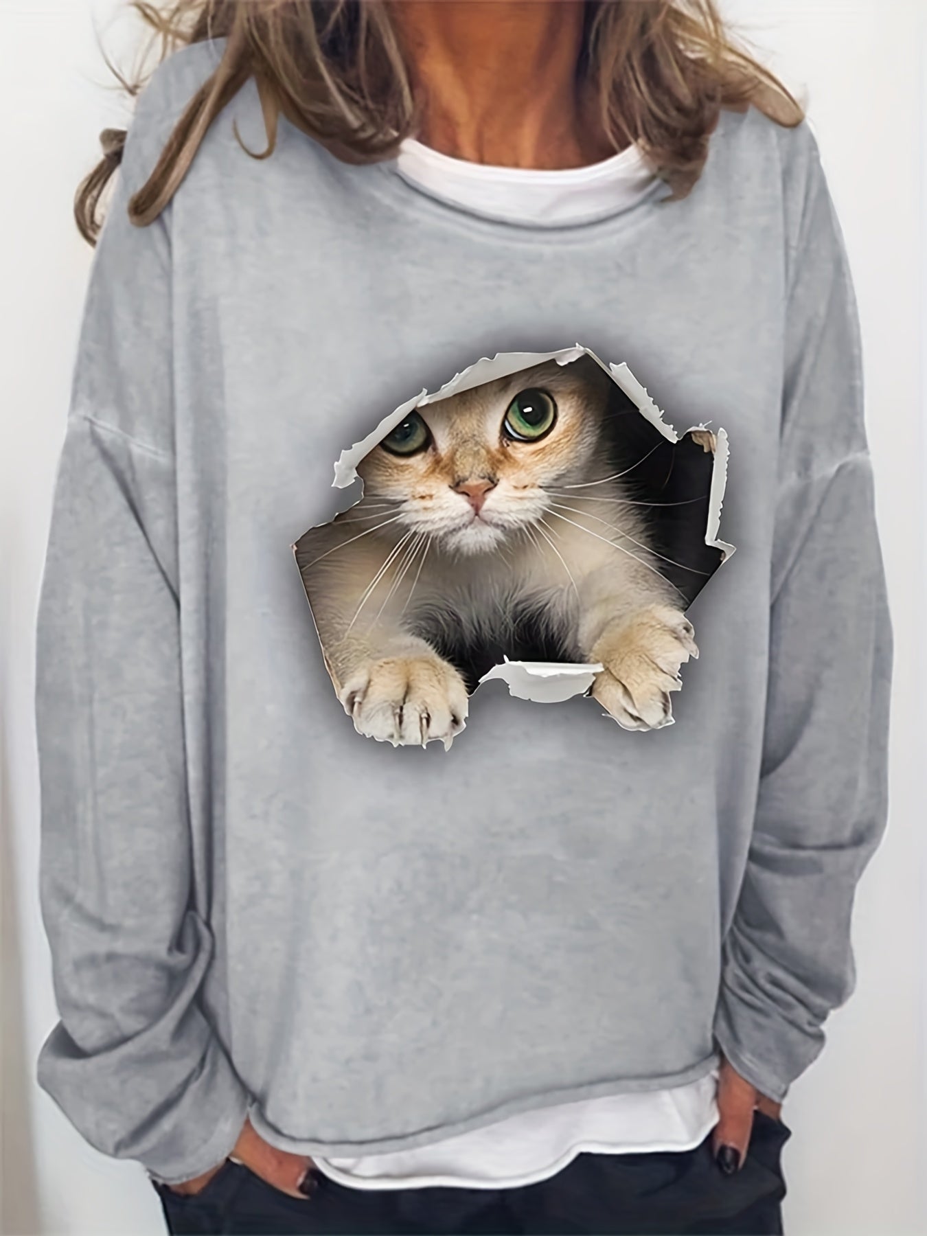 Cat Print Crew Neck Sweatshirt Casual Long Sleeve Sweatshirt For Spring & Fall
