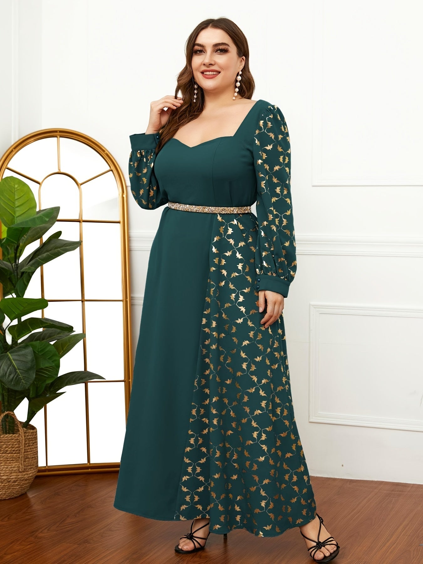 Abaya Dress Women Colorblock Floral Print Lantern Sleeve Maxi Dress