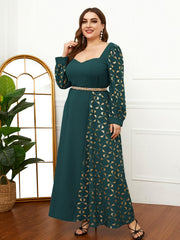 Abaya Dress Women Colorblock Floral Print Lantern Sleeve Maxi Dress