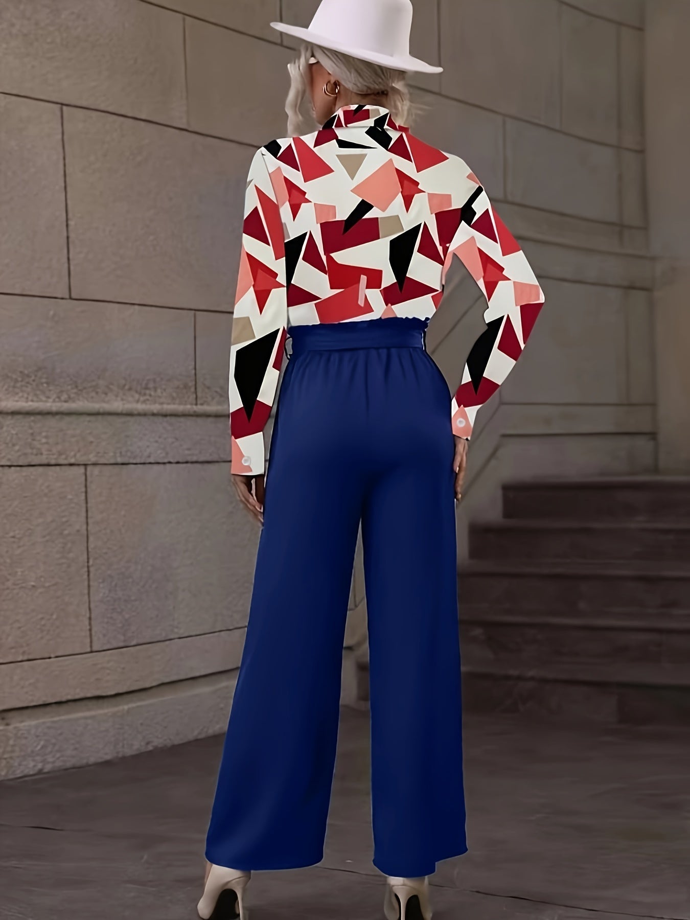 Geo Print Button Shirt & Wide Leg Pants Set