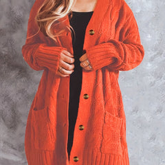 Solid Cable Button Long Sleeve V Neck Knit Cardigan