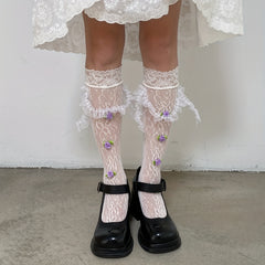 Floral Lace Calf Socks Mesh Knee High Stockings
