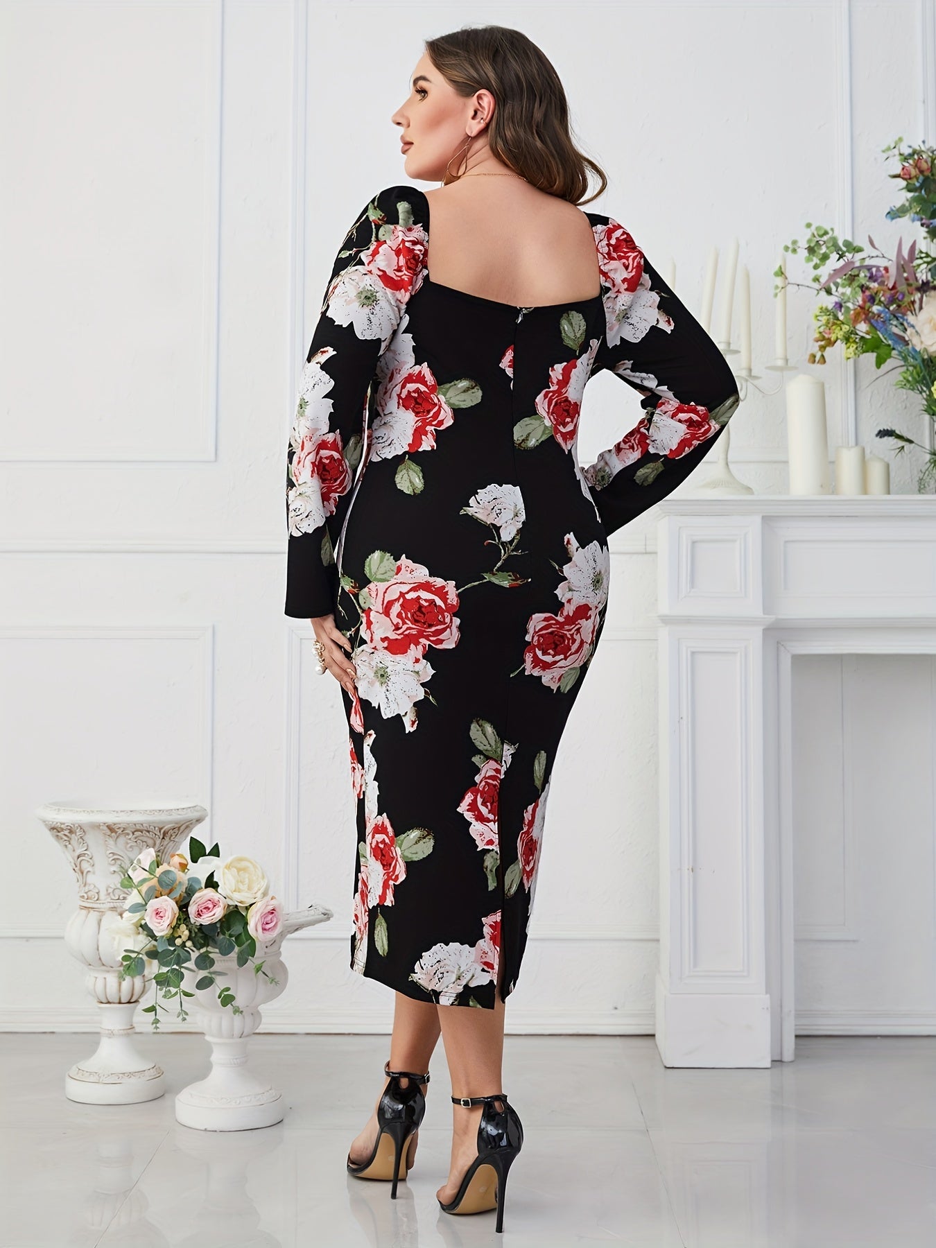 Floral Print Puff Sleeve Midi Dress