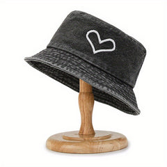 Denim Heart Embroidery Bucket Hat Distressed Couple Cap