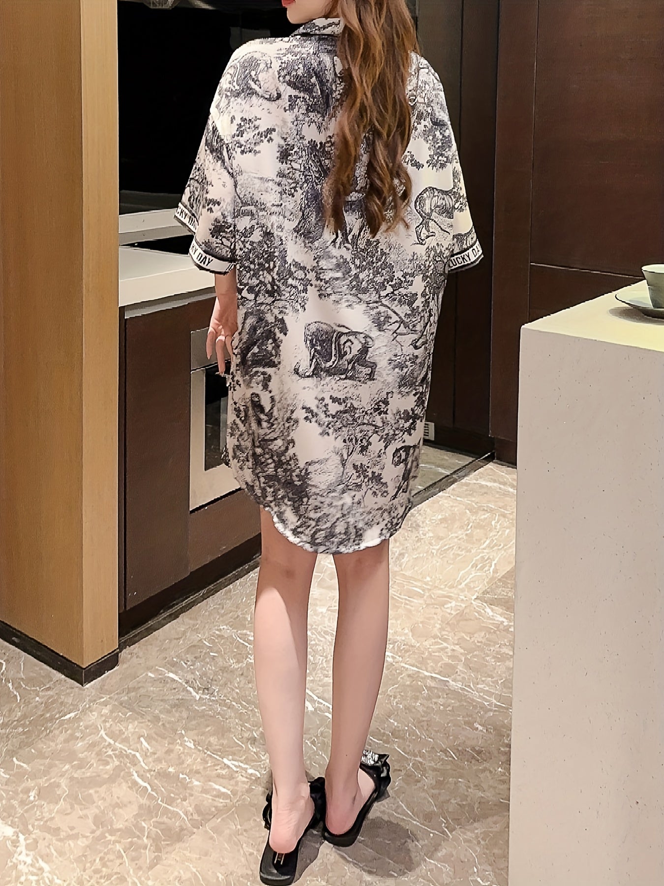 Landscape Print Short Sleeve Button Top