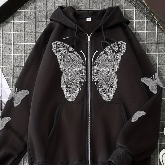 Butterfly Print Long Sleeve Hoodie Sweatshirt Zip Up Hoodies