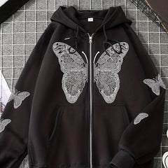 Butterfly Print Long Sleeve Hoodie Sweatshirt Zip Up Hoodies