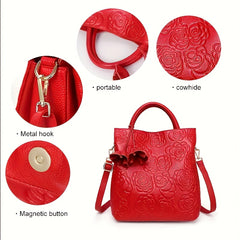 Red Floral Leather Crossbody Bag for Women