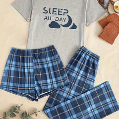 Preppy Loungewear Set Women's Plus Graphic Tee & Plaid Shorts