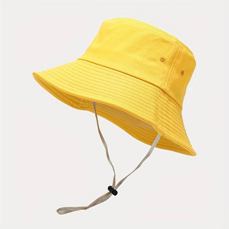Wide Brim Strap Windproof Rope Bucket Hat Solid Outdoor Sun Protection Hat