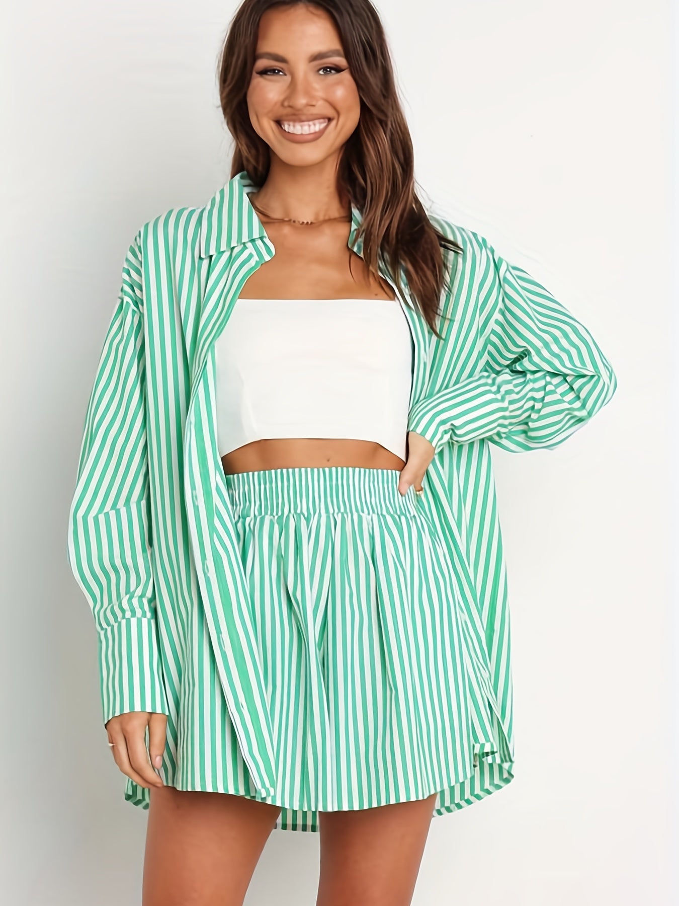 Stripe Print Button Up Blouse & Shorts Set