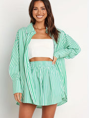 Stripe Print Button Up Blouse & Shorts Set
