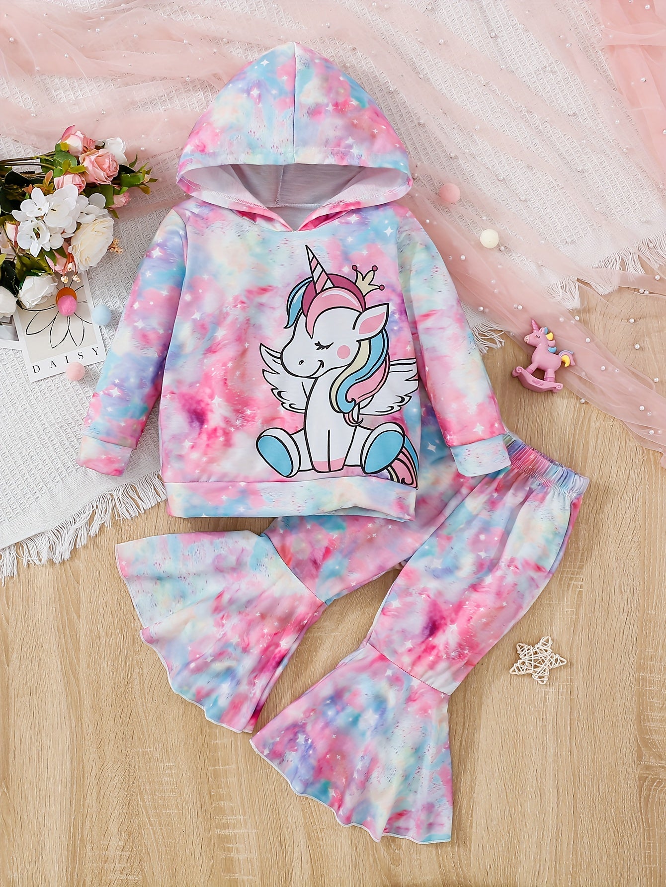 Toddler Girl's Unicorn Hoodie & Flared Pants Set for Spring Fall