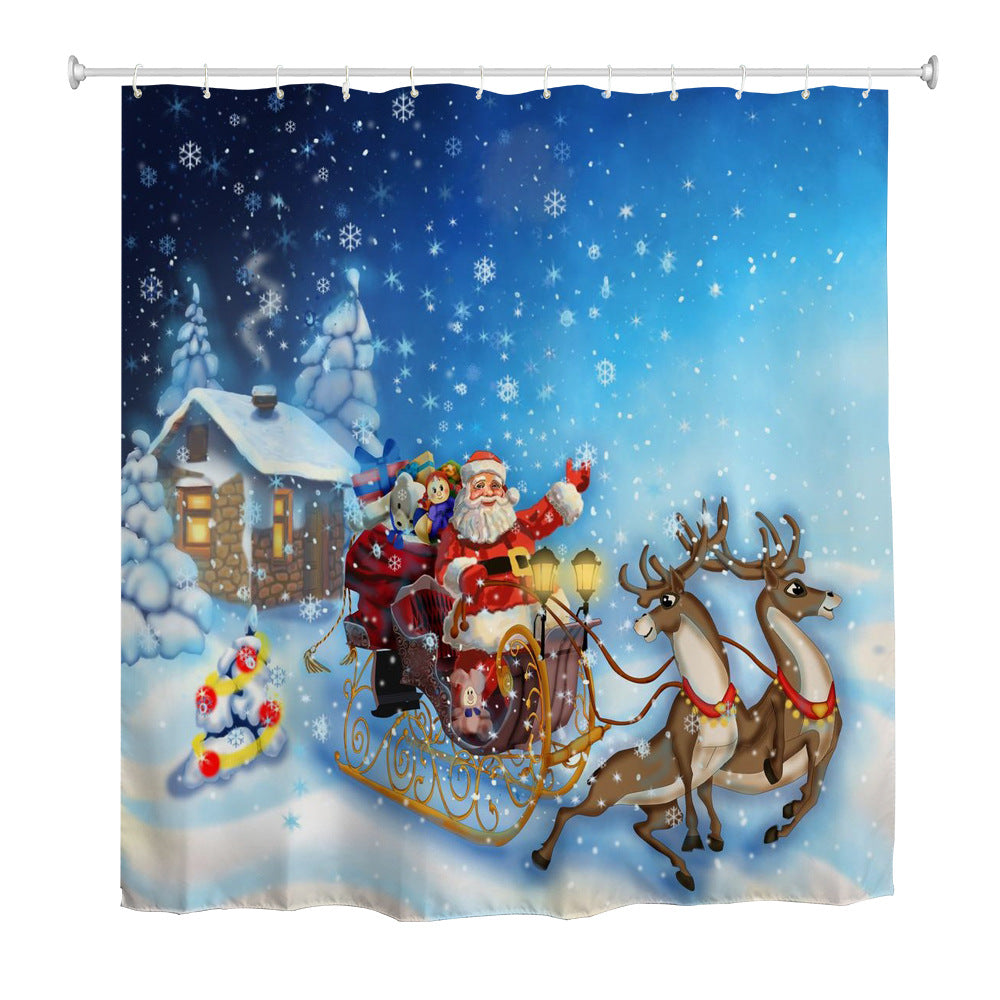 Christmas Shower Curtain Set Santa Reindeer Snowman Print Toilet Seat Cover