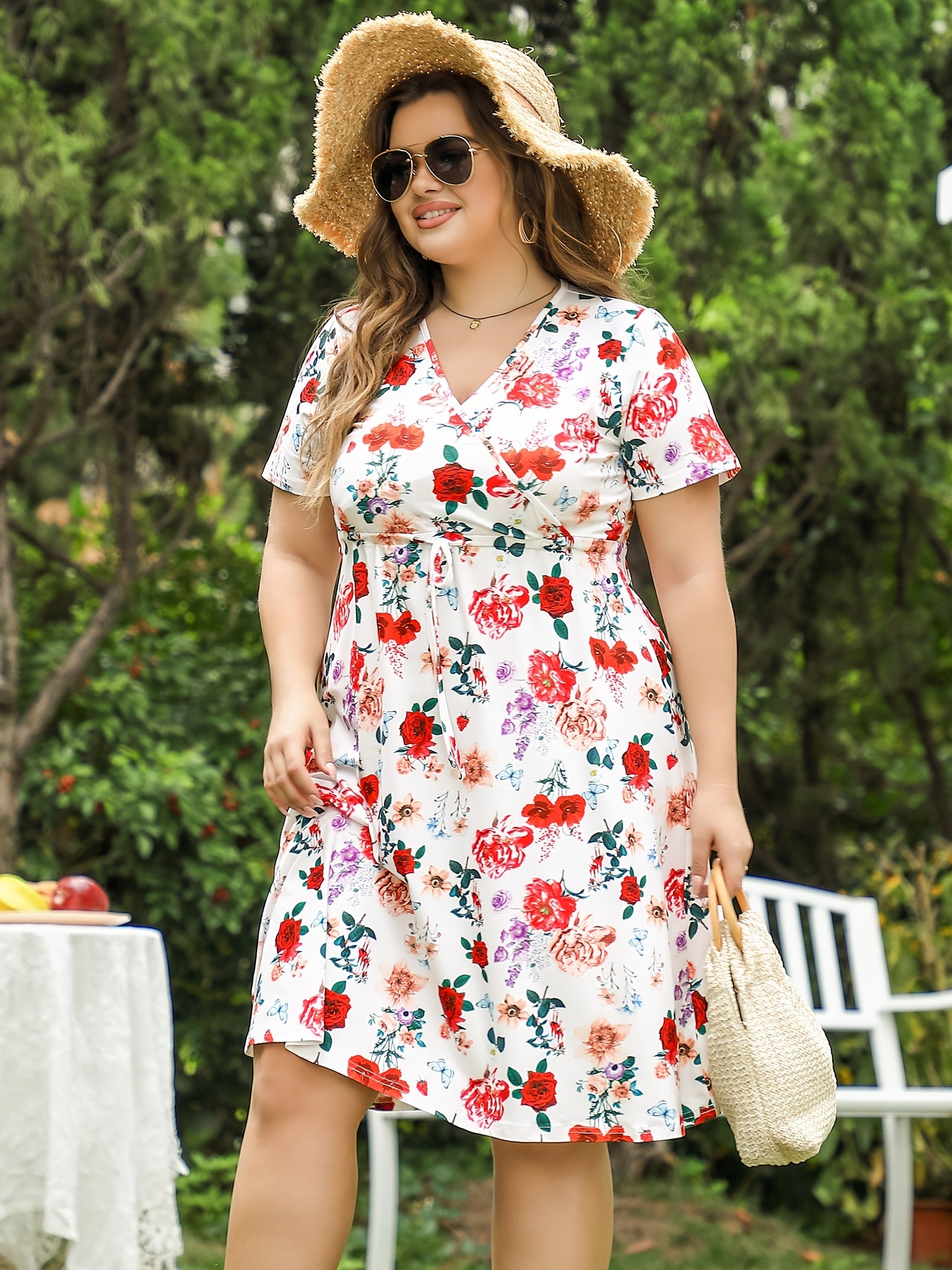 Women's Floral Print V-Neck Drawstring Dress