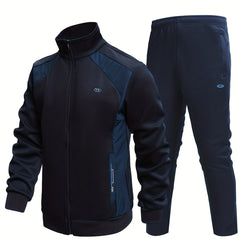 2pcs Men's Sports Suit Block Stand Collar Zip Up Jacket & Elastic Waist Pants