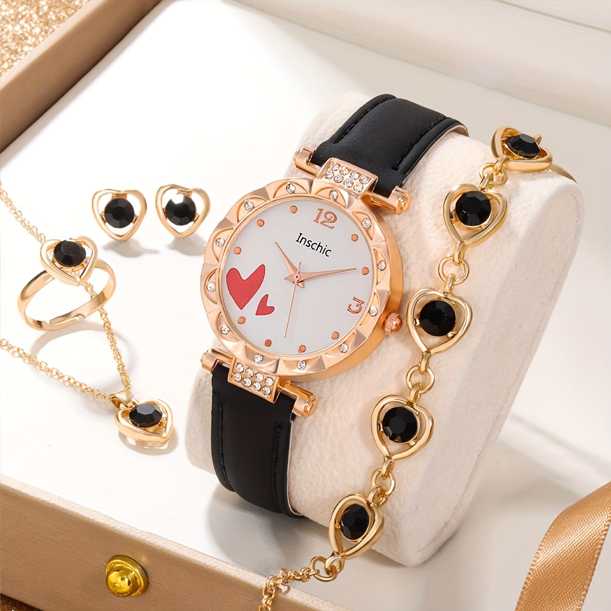 Rhinestone Quartz Watch & Love Jewelry Set for Kids