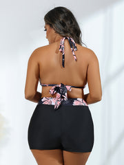 Retro Bikini Set Floral Print Halter Bra & Shorts Swimsuit